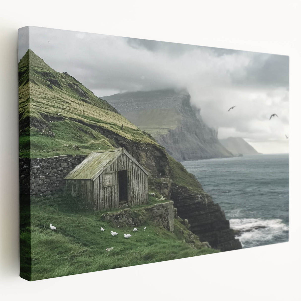 Landscape-oriented stretched canvas artwork depicting a rustic barn scene, showcasing vibrant colors and detailed textures, ideal for farmhouse decor.