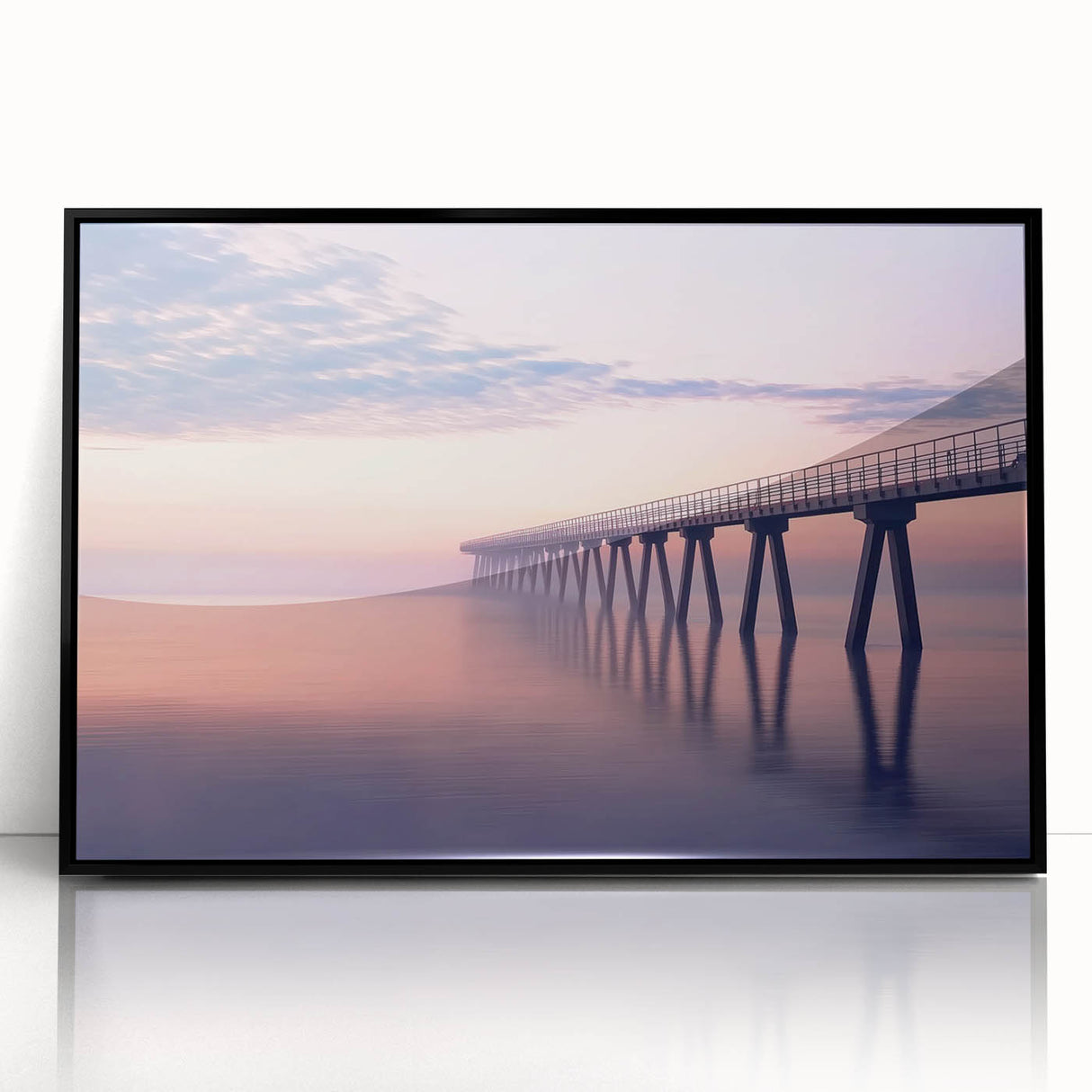 Framed acrylic artwork of a landscape bridge design, showcasing vivid colors and intricate details, set against a sleek black frame, perfect for modern decor.