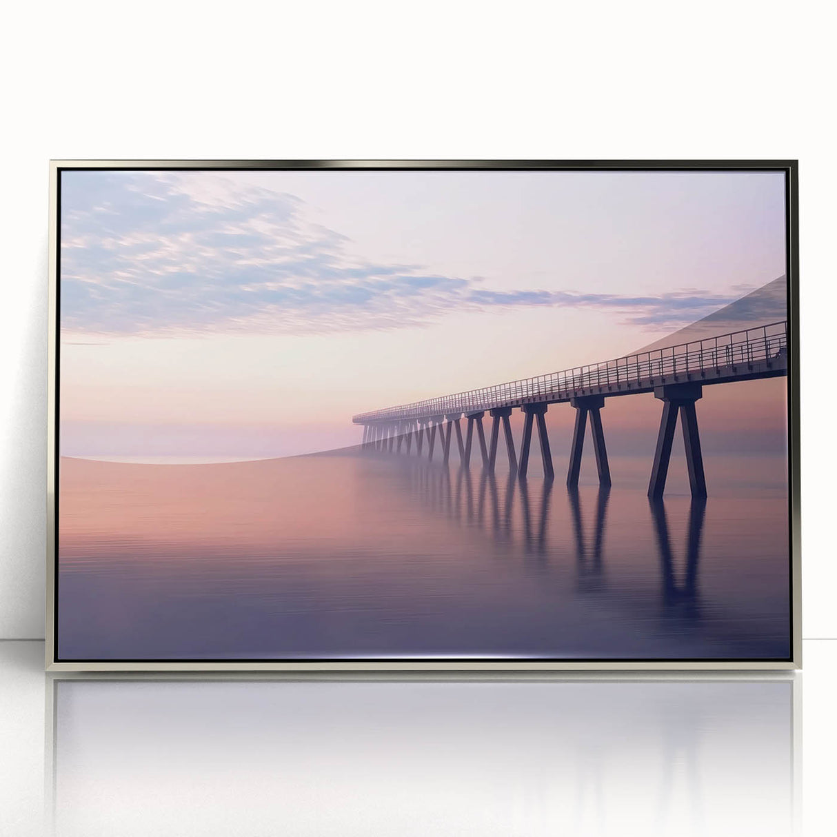 Framed acrylic wall art depicting a serene landscape bridge in silver tones, showcasing intricate details and a modern aesthetic, perfect for home decor.