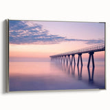 Framed canvas artwork depicting a serene landscape bridge scene, featuring silver framing and vibrant colors, perfect for enhancing home decor.