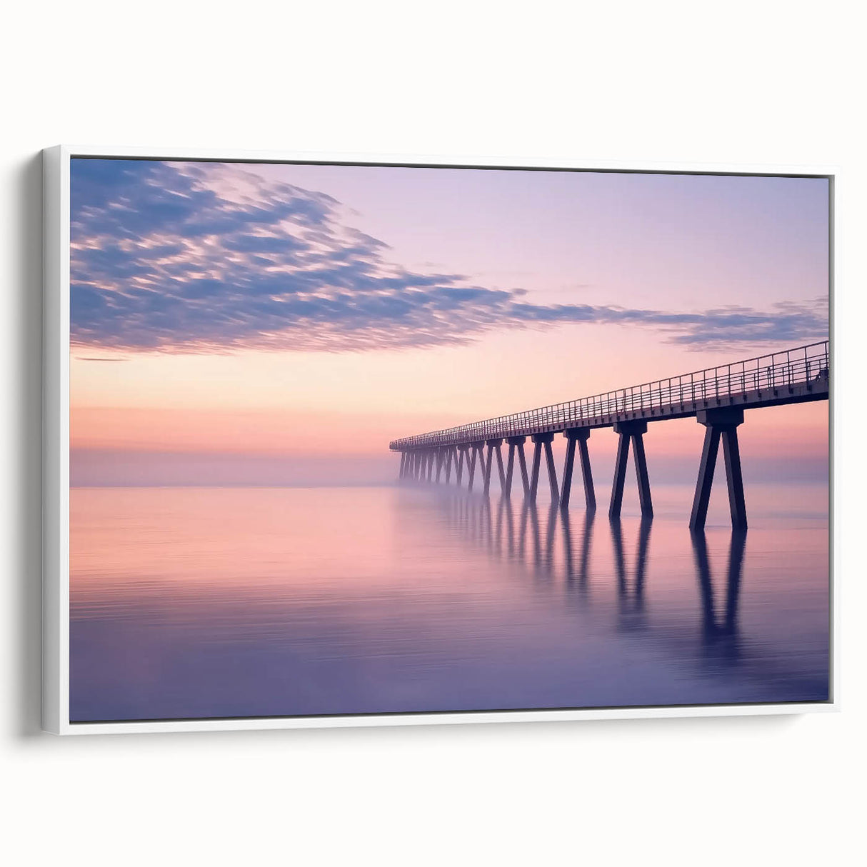 Framed canvas artwork of a serene landscape with a bridge, showcasing vibrant colors and intricate details, perfect for enhancing home décor.