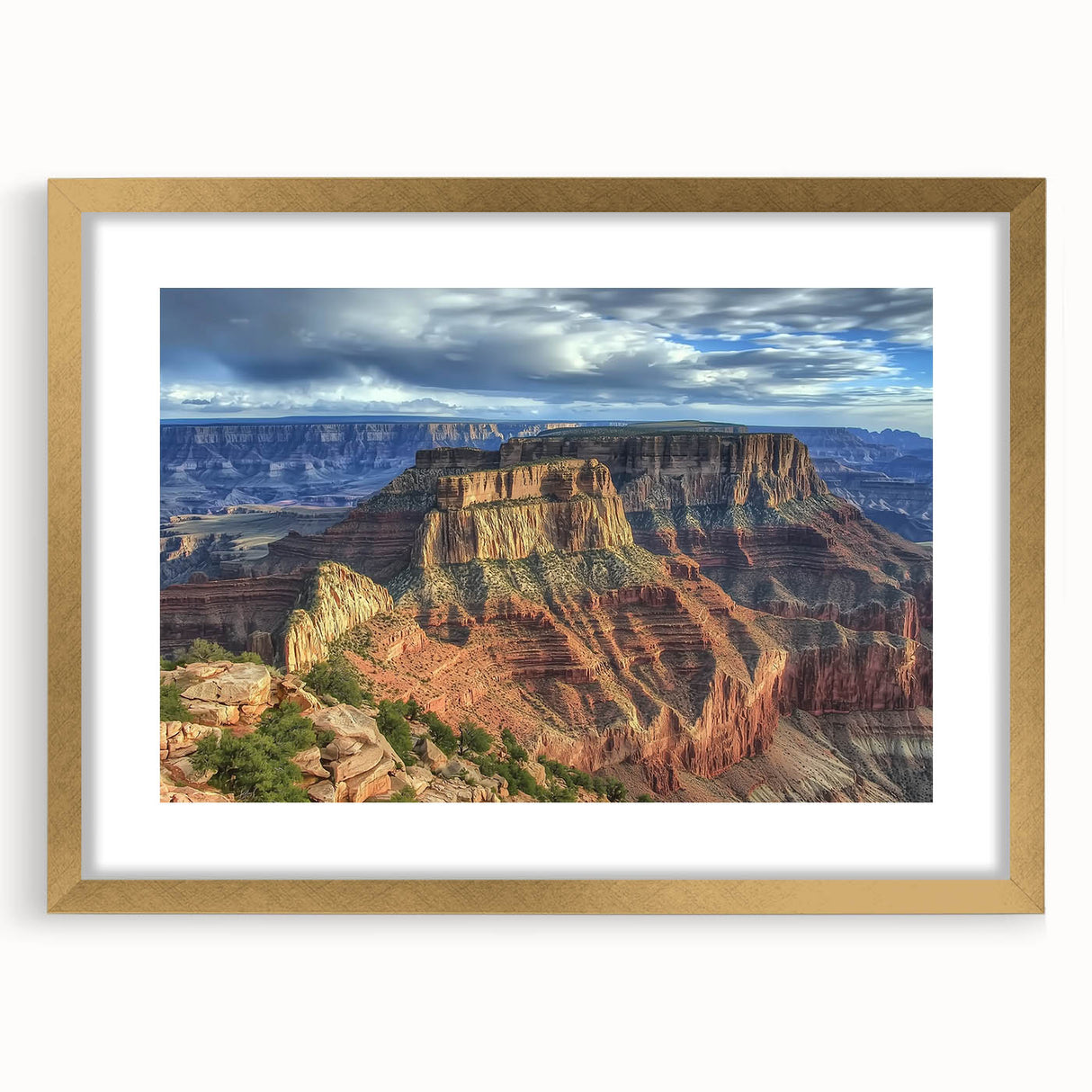 Framed landscape print featuring a stunning canyon scene with gold matting, perfect for enhancing home decor. Ideal for nature enthusiasts and art lovers.