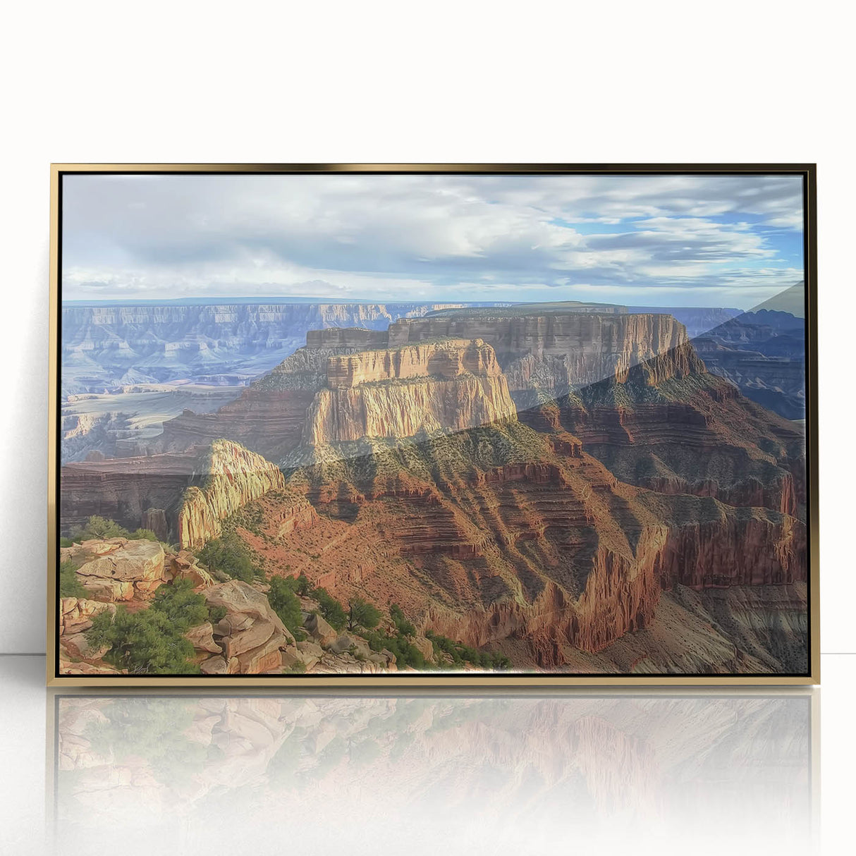 Framed acrylic artwork depicting a stunning landscape of canyons with rich gold accents, perfect for enhancing modern home decor and adding elegance to any room.