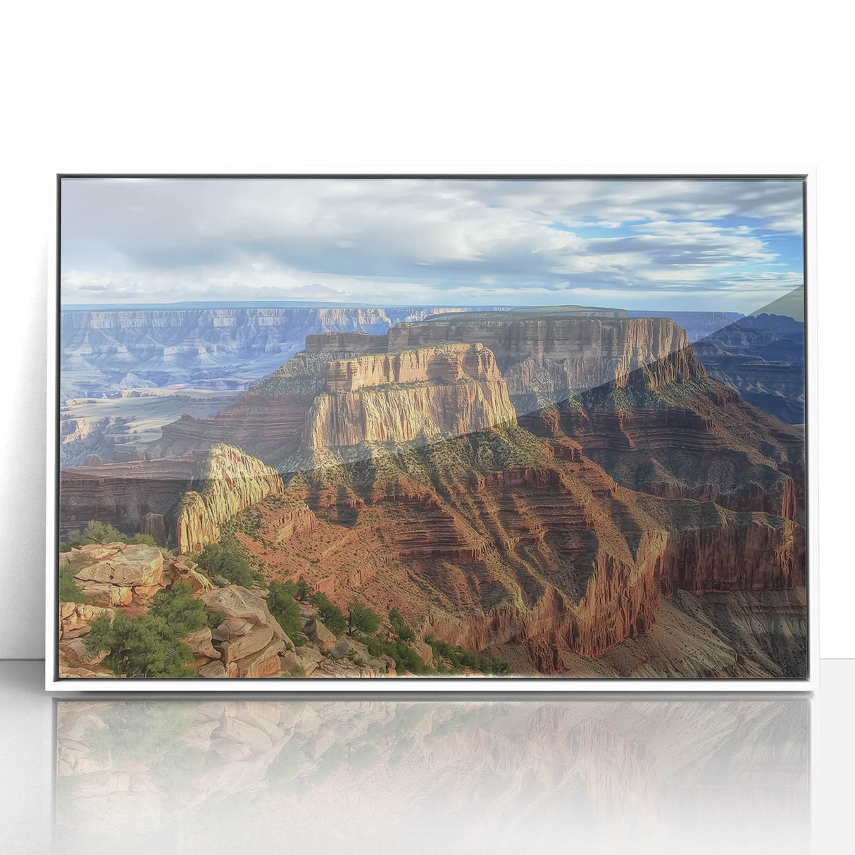 Framed acrylic landscape artwork showcasing vibrant canyon colors and intricate details, set in a sleek white frame, perfect for modern home decor.