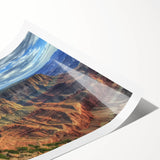 Landscape canyon print showcasing vibrant earth tones and intricate rock formations, rolled in a protective tube, ideal for home decor or art enthusiasts.