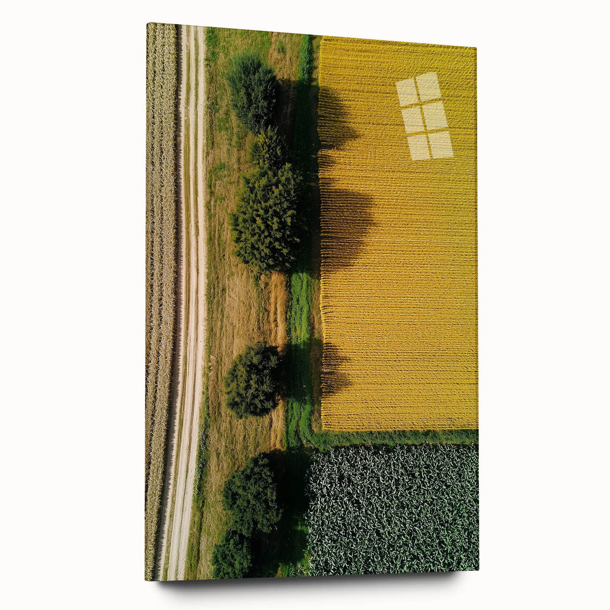 Acrylic glass artwork showcasing a serene countryside landscape, featuring vibrant greens and blues, displayed in a stylish side view without pins, perfect for home decor.