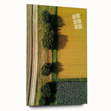 Acrylic glass artwork showcasing a serene countryside landscape, featuring vibrant greens and blues, displayed in a stylish side view without pins, perfect for home decor.