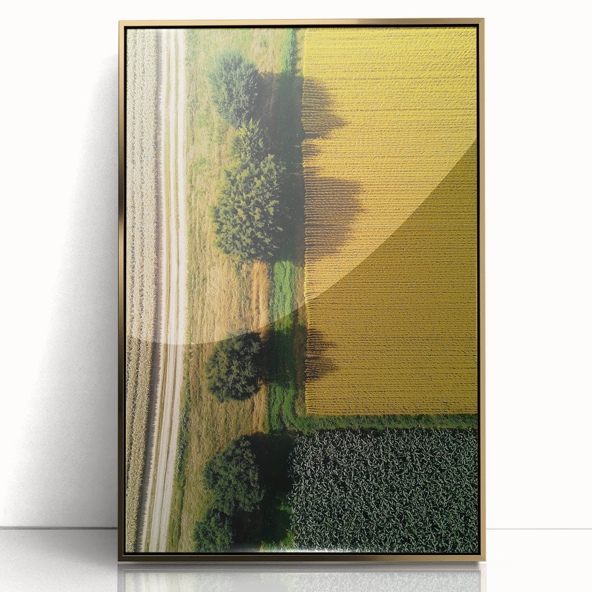 Framed acrylic artwork depicting a serene countryside landscape with vibrant colors and a gold frame, adding elegance to any decor. Ideal for nature lovers.