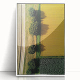 Framed acrylic landscape artwork showcasing a serene countryside scene with vibrant greenery and a clear blue sky, elegantly displayed in a white frame.