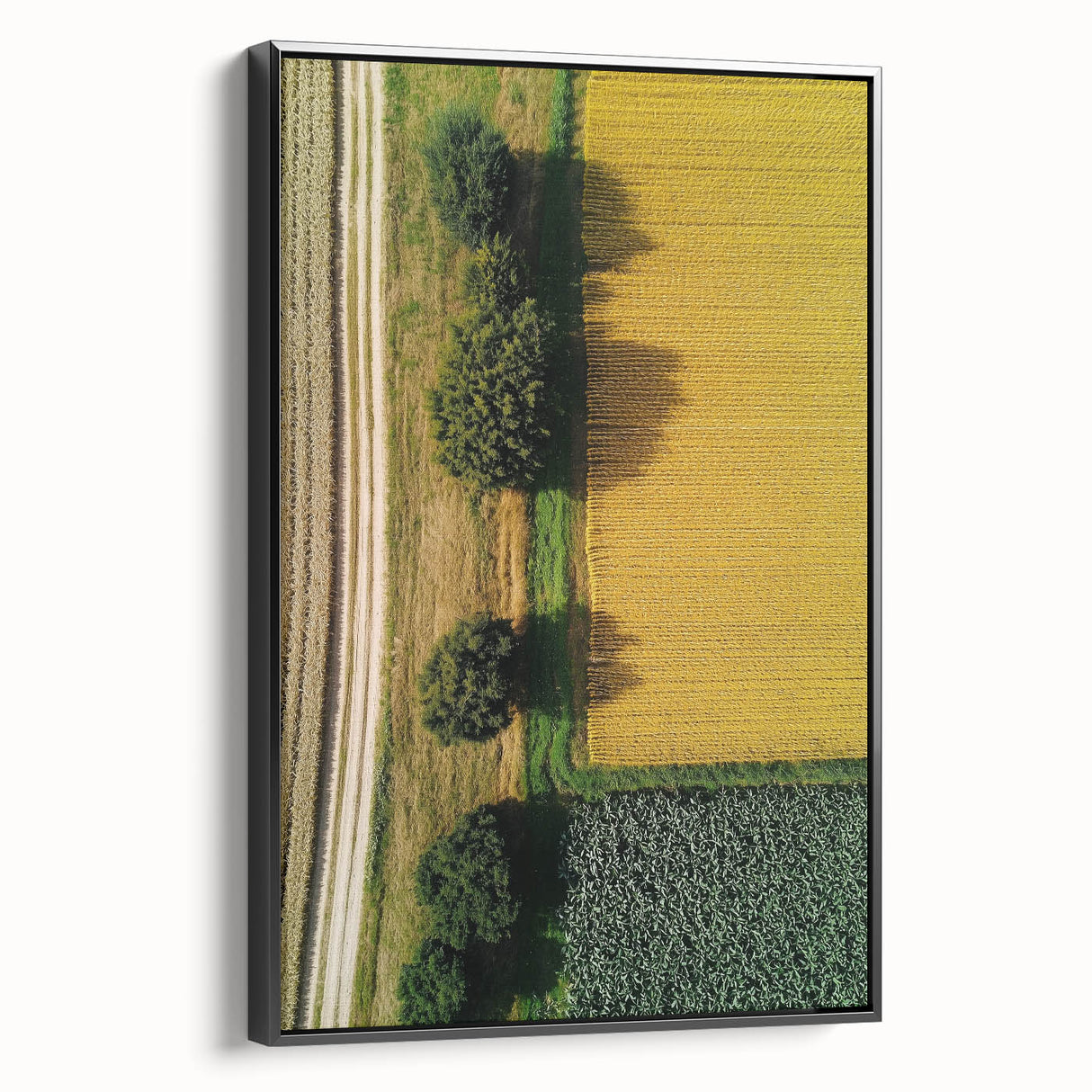 Framed canvas print of a serene countryside landscape, showcasing rolling hills and vibrant greenery, presented in an elegant black frame, ideal for home decor.