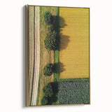 Framed canvas artwork showcasing a serene countryside landscape with vibrant green fields and a golden frame, enhancing any home decor with elegance and charm.