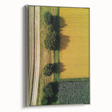 Framed canvas artwork showcasing a serene countryside landscape, with vibrant greens and soft blues, elegantly bordered in a sleek silver frame, perfect for home decor.