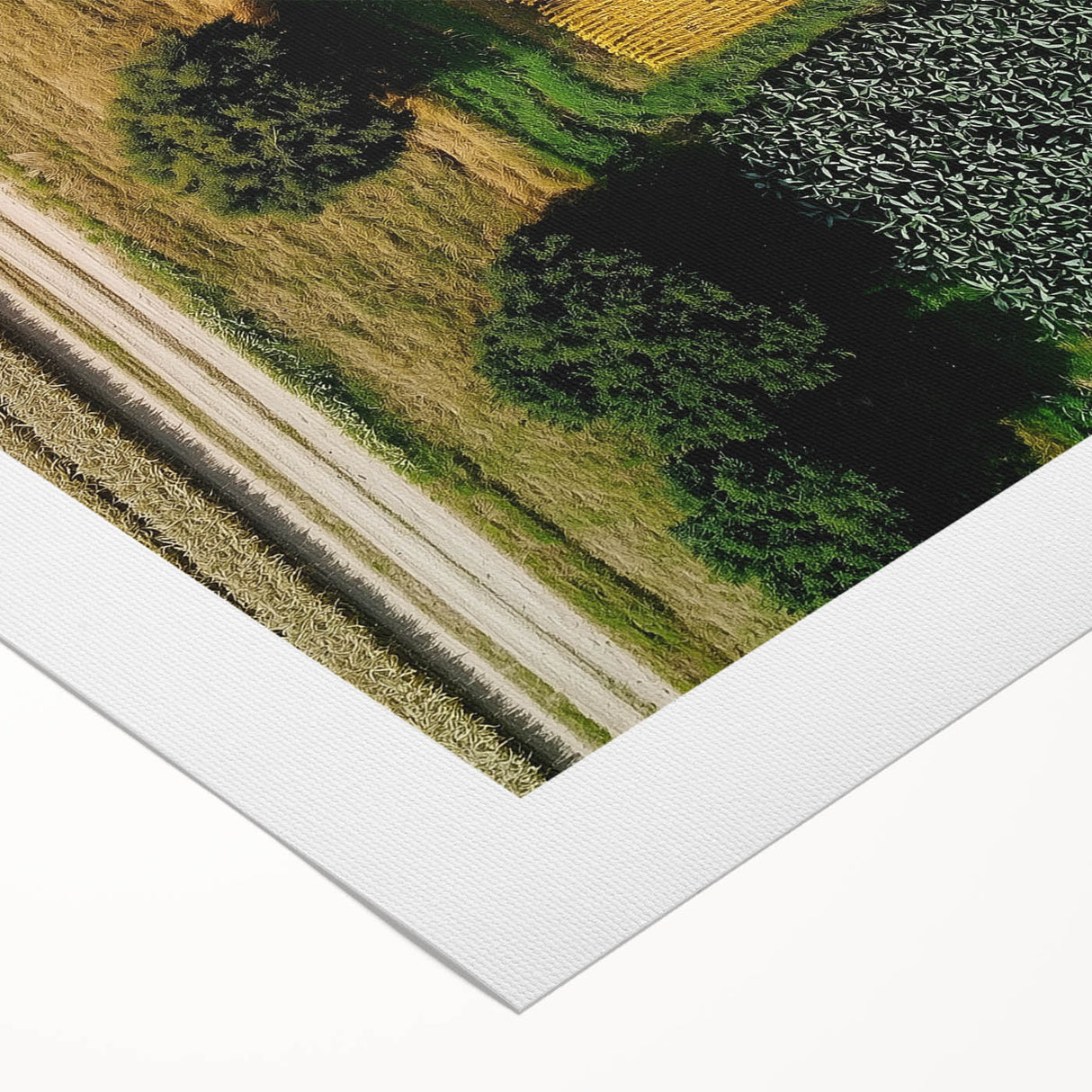 Rolled canvas artwork depicting a serene countryside landscape with rolling hills and vibrant greenery, elegantly packaged in a protective cardboard tube. Perfect for home decor enthusiasts seeking nature-inspired art.
