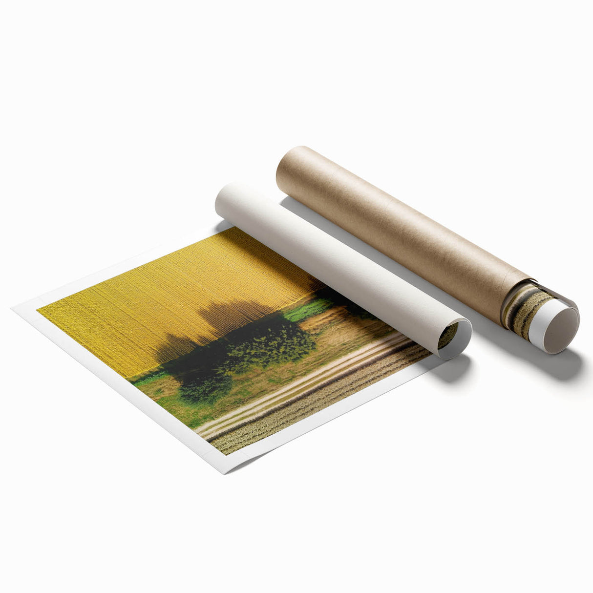 Rolled print of a serene countryside landscape, showcasing rolling green hills, a clear blue sky, and a peaceful atmosphere, perfect for home decor.