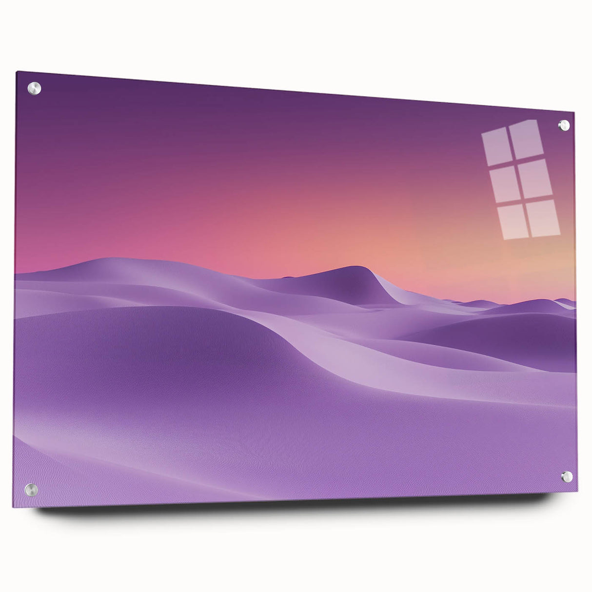 Vibrant acrylic landscape artwork depicting a desert scene, presented in glass with decorative pins, showcasing warm colors and intricate details. Ideal for modern home decor.