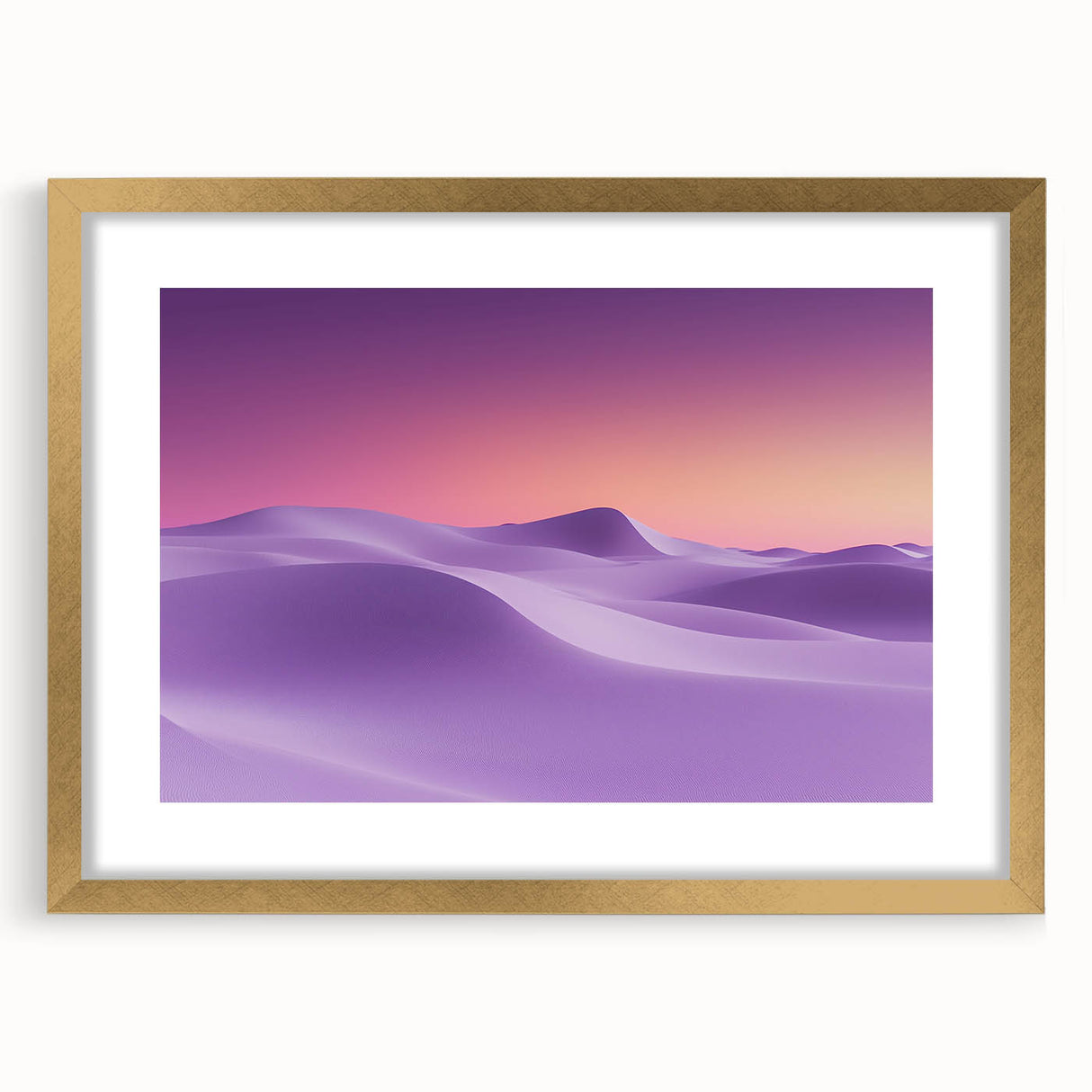 Elegant desert landscape framed in gold with a mat, showcasing warm hues and intricate details, perfect for home decor or art collections. Ideal for enhancing interior spaces with a touch of nature-inspired elegance.