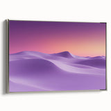 Framed canvas artwork showcasing a stunning desert landscape with vibrant hues of orange and gold, accented by a sleek silver frame, perfect for home decor.