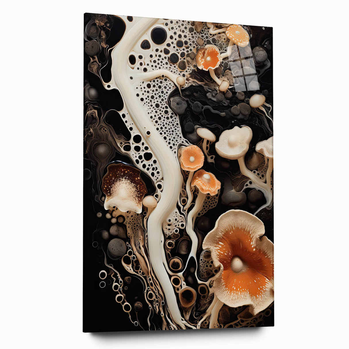 Large abstract wall art on acrylic glass featuring swirling blue and gray tones.