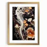 Extra large abstract art print with textured elements in gold and beige, framed with a mat, ideal for living room decor.