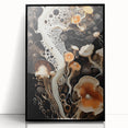 Large abstract wall art featuring organic shapes in black and white, framed in black acrylic, suitable for modern decor.
