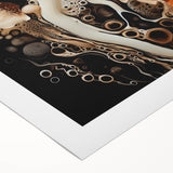 Art deco poster featuring geometric patterns in muted gold and black on a rolled canvas, suitable for dining room decor.