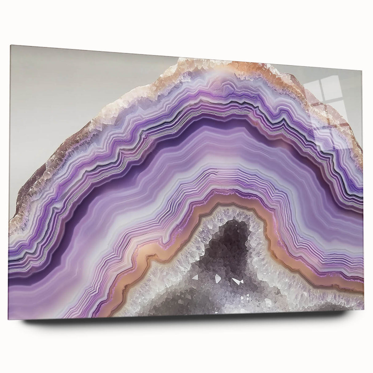 Large abstract wall art on acrylic glass depicting close-up nature elements in vivid green and brown.