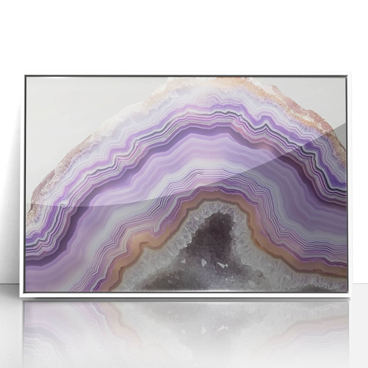 Framed acrylic print featuring close-ups of nature elements in muted green and brown tones.