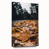 Large abstract wall art on acrylic glass depicting vibrant fall colors, ideal for bedroom or dining room decor.