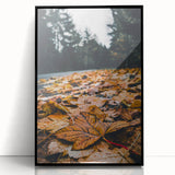 Large abstract wall art featuring fall-themed colors in mid-century modernist style, framed in black acrylic.