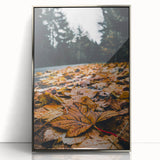 Mid-century modernist art featuring an autumnal landscape on a silver-framed acrylic print, suitable for nursery wall art.