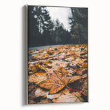 Framed canvas featuring a vintage landscape art painting of autumn trees in colorful hues.