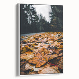 Vintage poster art of autumn trees on framed canvas, featuring a spectrum of fall colors, ideal for living room decor.