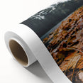 Art deco poster featuring autumnal forest scene in orange and brown tones on rolled canvas, ideal for nursery wall art.