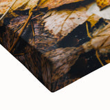 Large art of a black and white landscape painting on stretched canvas, depicting a serene fall scene.