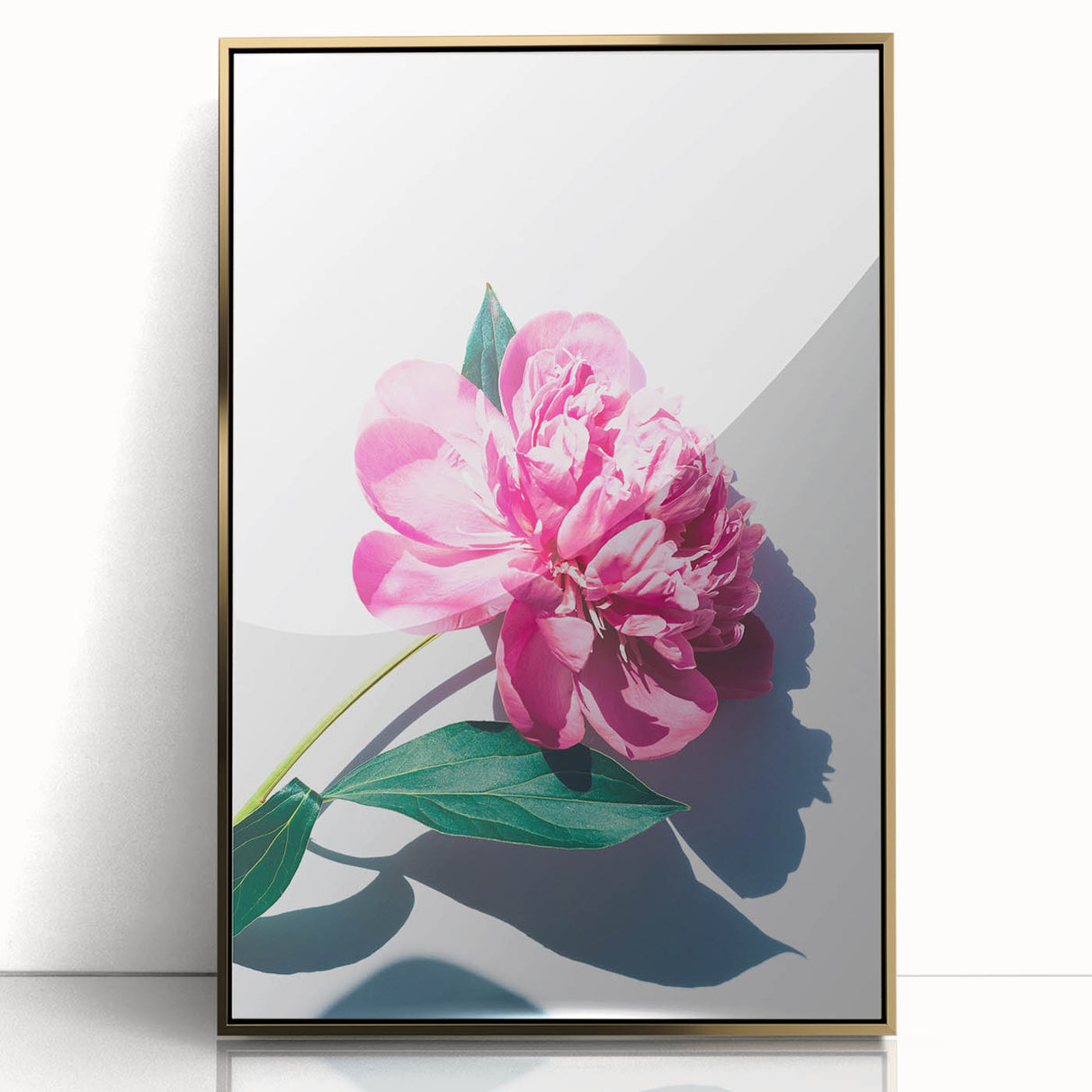 Large art print of a mid-century modernist spring scene in vibrant green and gold, acrylic framed.
