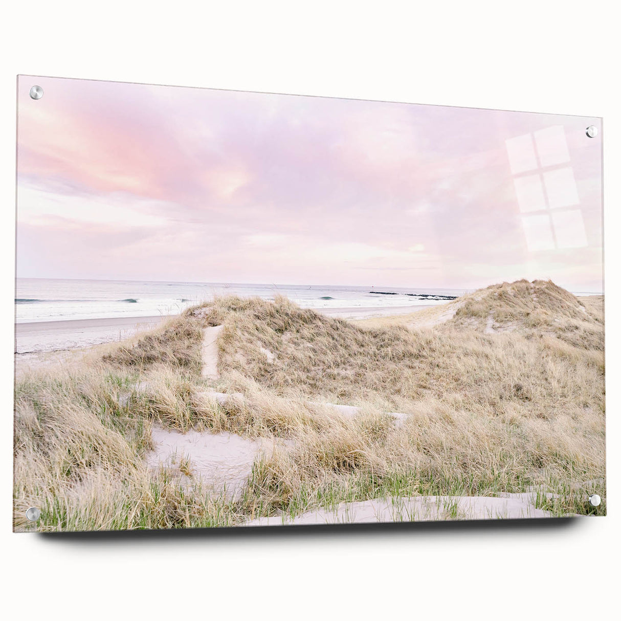 Large abstract wall art on acrylic glass depicting summer themes in vibrant colors, ideal for bedroom or dining room decor.