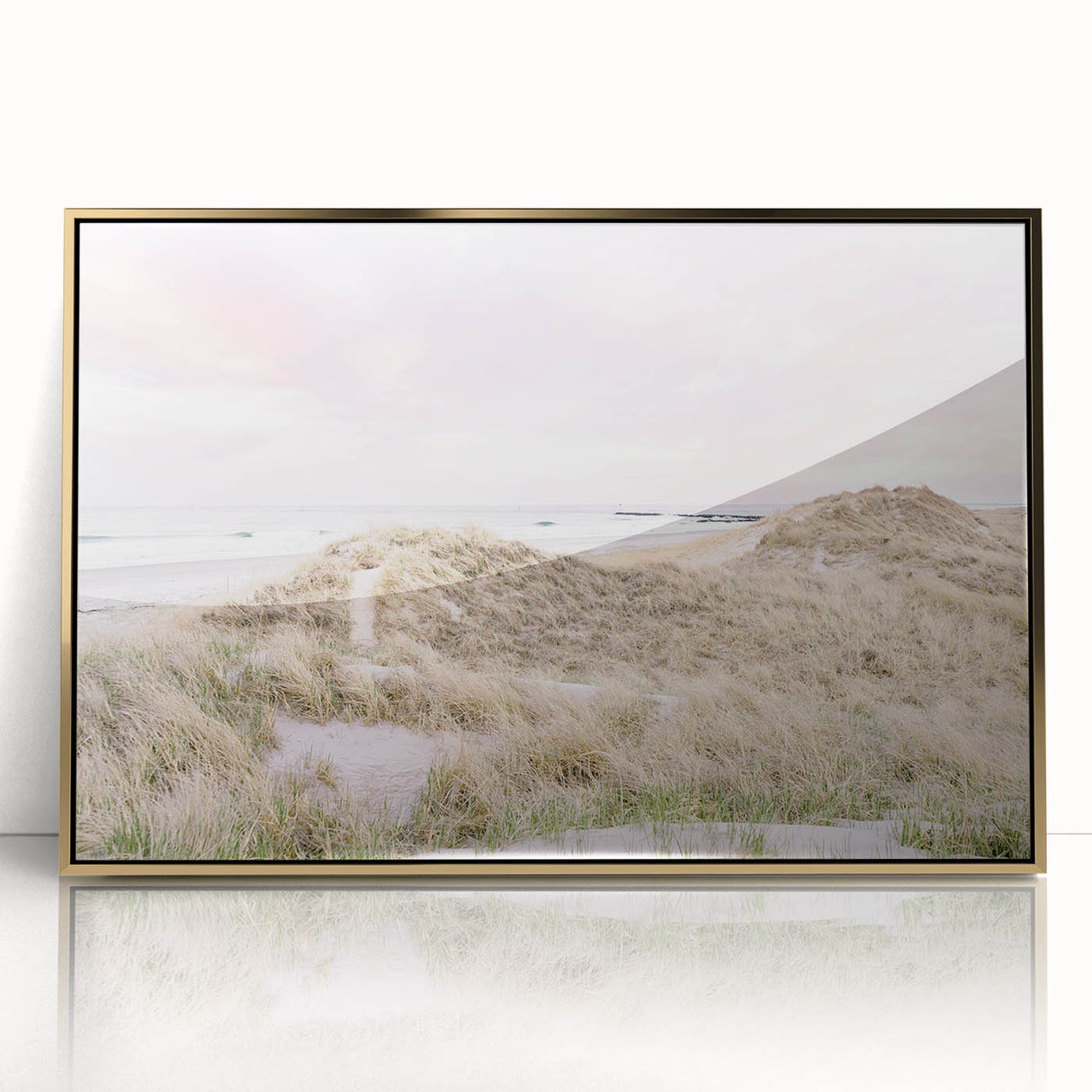 Large art print of a mid-century modernist summer scene, framed in gold acrylic, featuring muted pastel shades.
