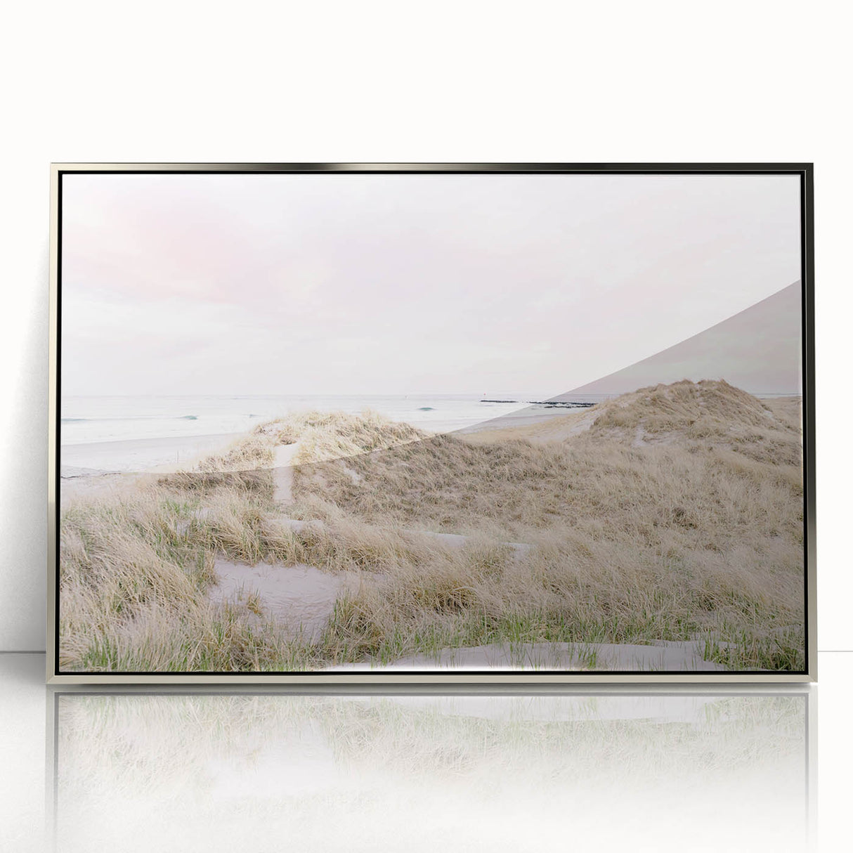 Mid-century modernist art depicting a summer scene in pastel shades on a silver-framed acrylic print.