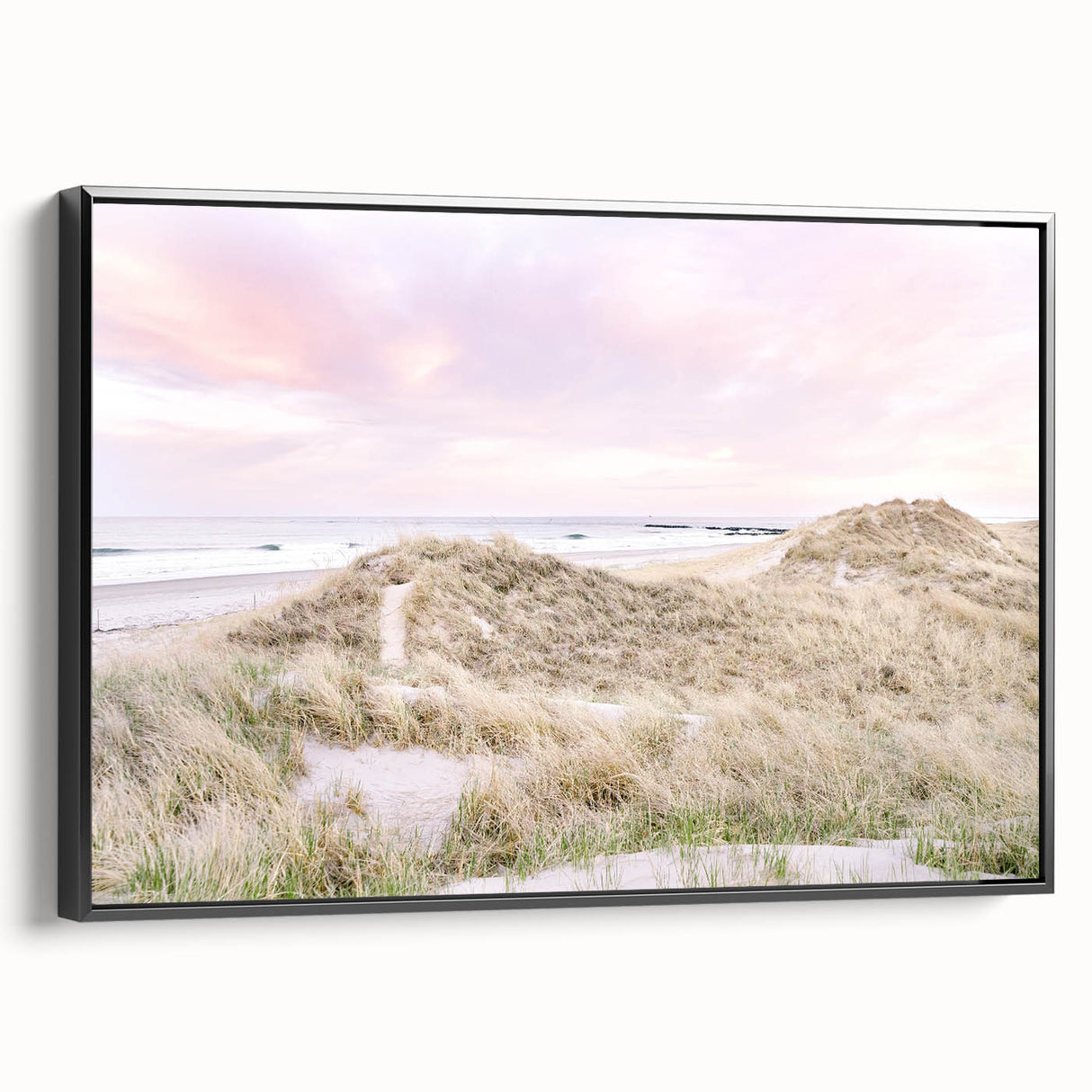 Black and white wall art featuring a vintage poster-style landscape painting on framed canvas, ideal for bedroom decor.