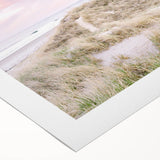 Art deco poster featuring a summer scene with vibrant orange and blue tones on rolled canvas, suitable for dining room decor.