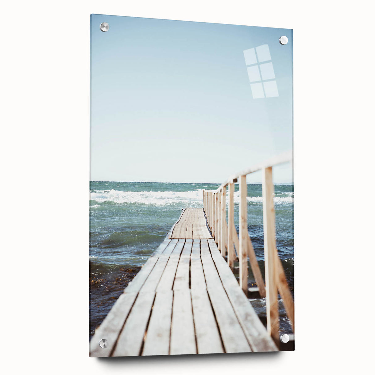 Large abstract wall art on acrylic glass featuring swirling blue and white patterns.