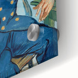 Large abstract wall art in mid-century modernist style on acrylic glass, featuring swirling blue and yellow tones.