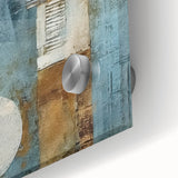 Close-up of vibrant abstract wall art design featuring fluid strokes in shades of blue, gold, and white, printed on high-quality acrylic glass for a modern decor statement.