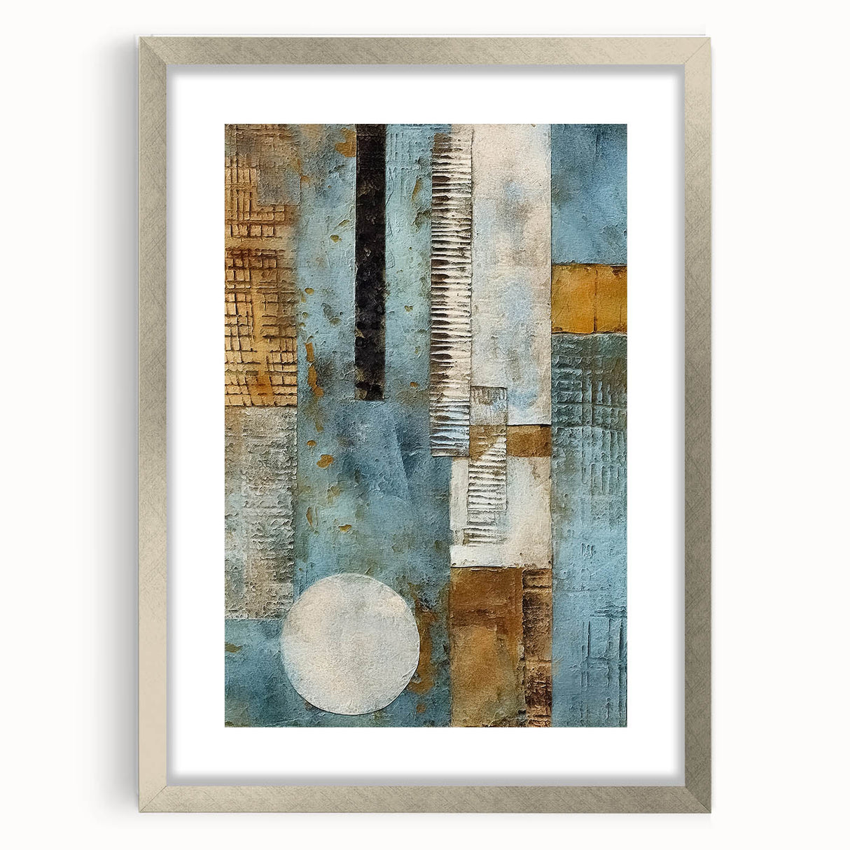Abstract strokes wall art framed in silver, featuring a modern design with vibrant colors, ideal for contemporary home decor, displayed against a neutral background.