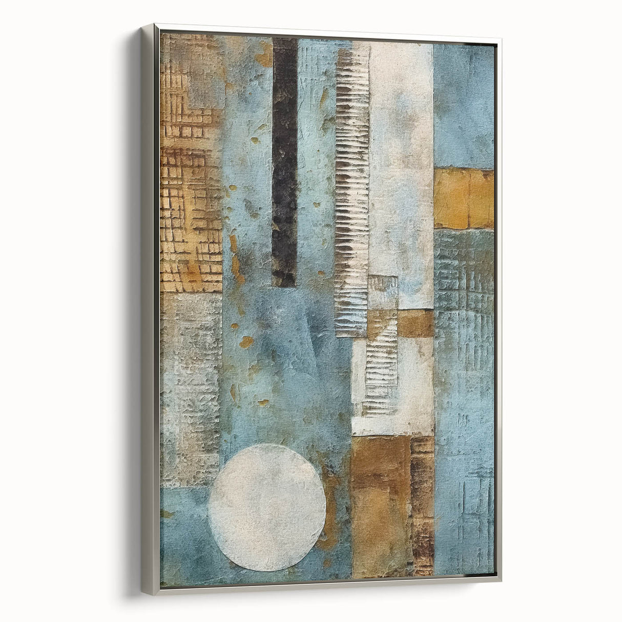 Framed abstract wall art featuring dynamic silver strokes on a textured canvas, showcasing modern design, ideal for contemporary home decor.