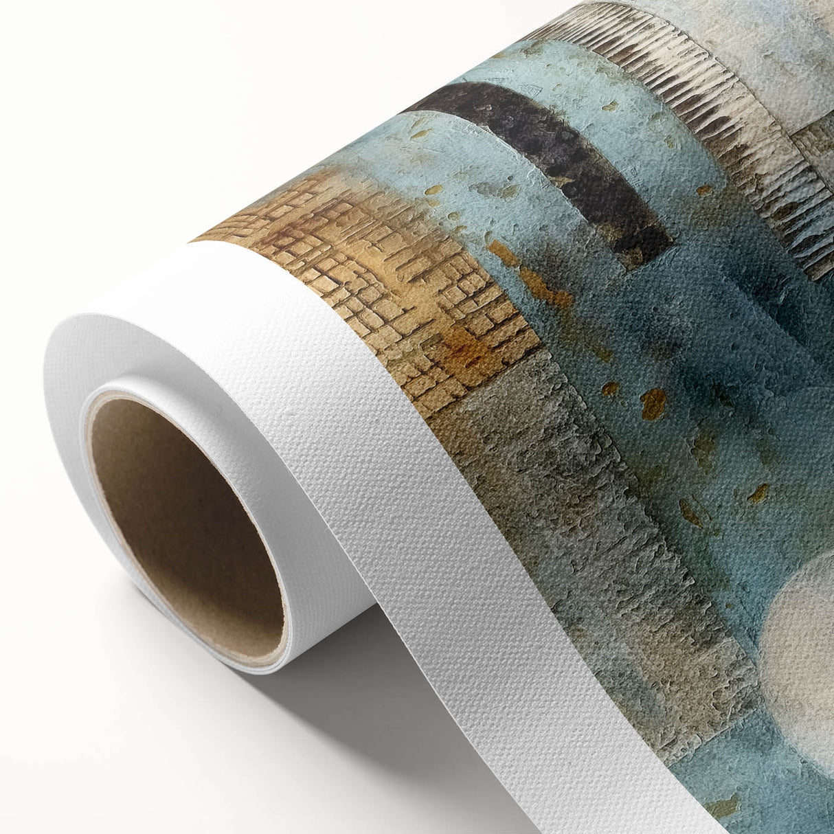 Abstract wall art on rolled canvas showcasing vibrant strokes of blue, orange, and yellow, perfect for modern home decor, enhancing artistic ambiance and creativity.