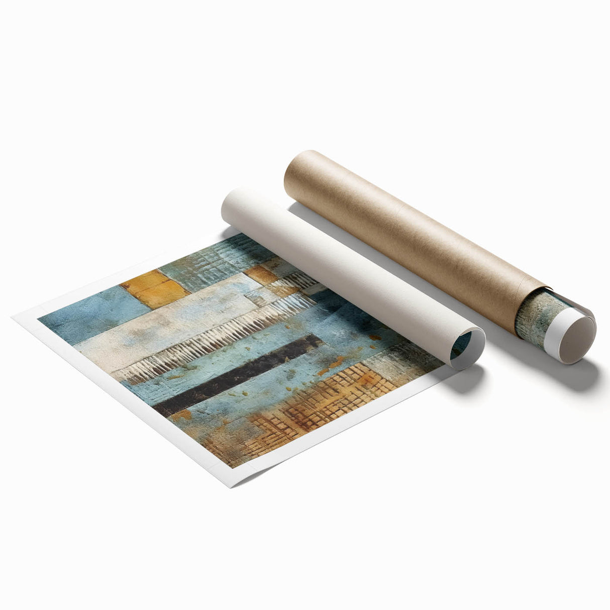 Abstract strokes wall art print showcasing vibrant colors and fluid shapes, emphasizing modern artistic expression, rolled for easy transport and display.