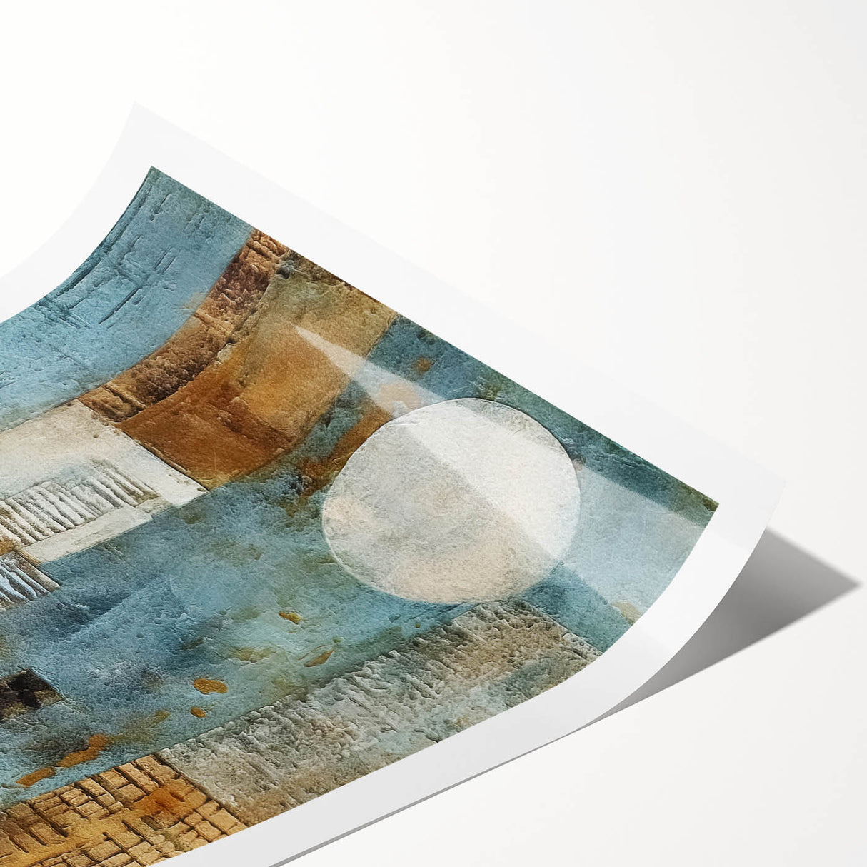 Abstract wall art print showcasing vibrant strokes in shades of blue, orange, and yellow, rolled and ready for framing, perfect for modern home decor.