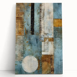 Abstract wall art on stretched canvas showcasing vibrant strokes in shades of blue, orange, and gold, perfect for modern home decor or office space.