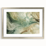 Abstract wall art featuring dynamic strokes in various shades of blue, gold, and white, framed with a silver mat, ideal for modern home decor.